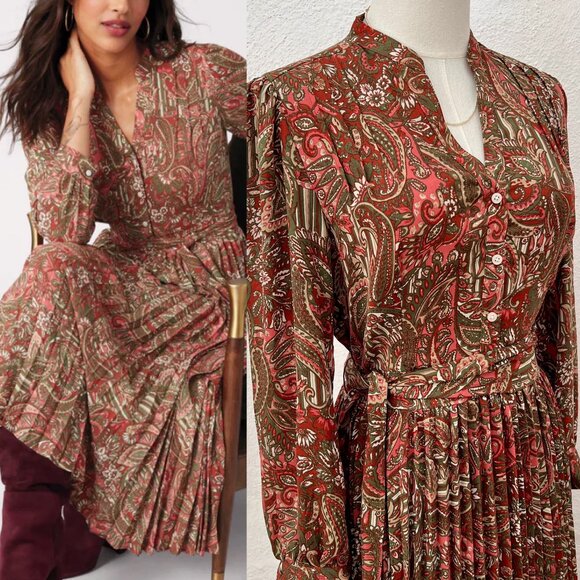 UNTUCKit Pleated Midi Arabella Dress Pink Paisley Print Size 4 / 70s Aesthetic - Picture 1 of 16